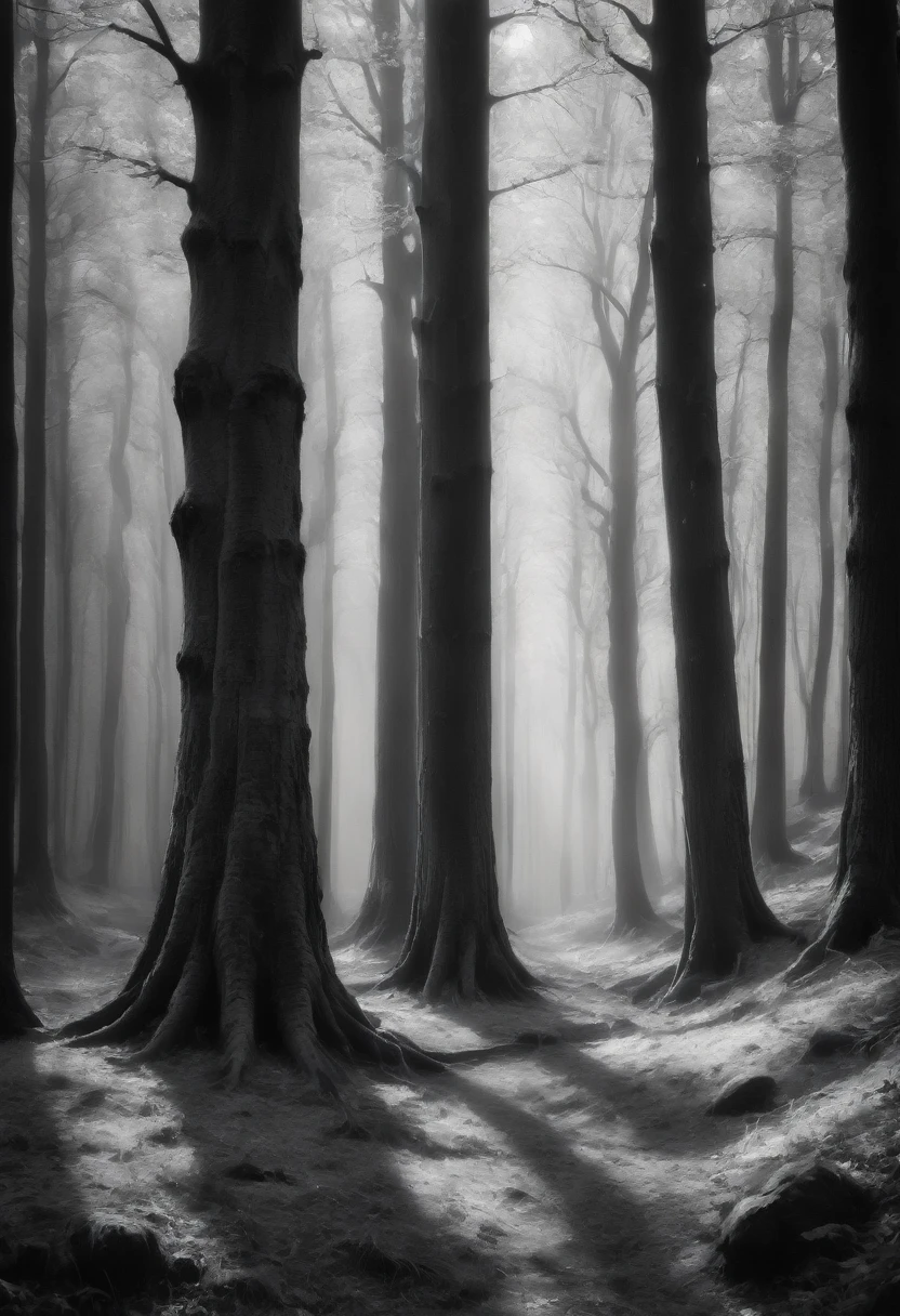 The soft lighting of several trees, monochrome, incredibily detailed, perfect composition