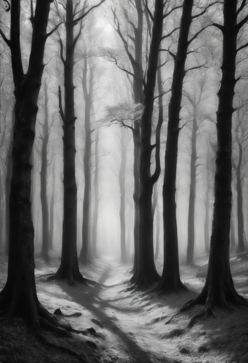 The soft lighting of several trees, monochrome,  incredibily detailed, perfect composition