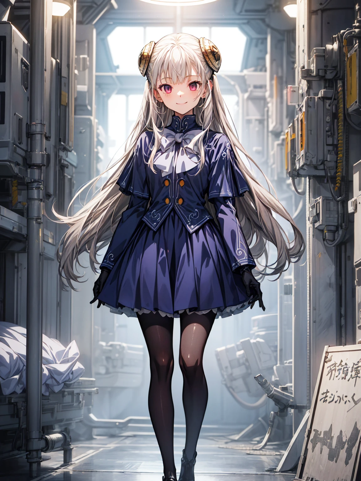 12k,(masterpiece、Highest quality、High resolution)、(Inside the futuristic base:1.6),1 Girl、alone、Ingrid、Hair Pod、gloves、skirt、pantyhose、bow、dress、 eye、(evil Smile:1.4)、(Anime Style:1.4)、,empty eyes,Mind Control Devices, full body,
