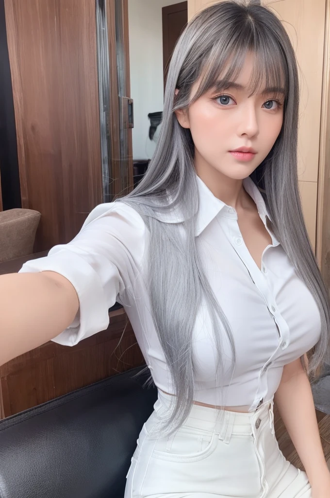 30-year-old woman,Long face,Gray Hair,Asian,Long Hair,Long Bangs,Blue Eyes,White Shirt,Leather pants,Selfie