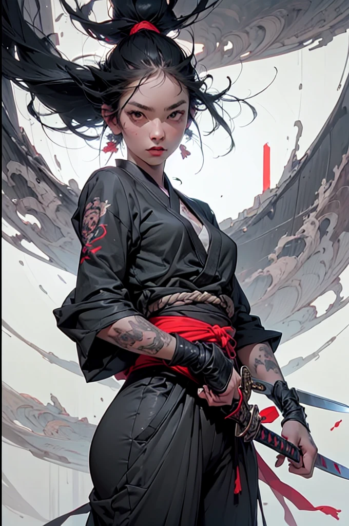 (RAW photo, 4k, realistic, exquisitely detailed skin), masterpiece, best quality, official art, unity 8k wallpaper, ultra detailed,(dark scene,low key,soft lighting), cinematic look,high saturation,best anatomy,volumetric fog,
a samurai girl, slim body, cowboy shot,
1girl,weapon,sword,long hair,black hair,holding,solo,holding weapon,blood,holding sword,arm guards,simple background,blood on weapon,looking at viewer,black eyes,tabi,floating hair,