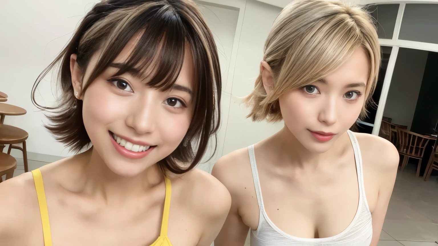 super high quality, smile, Slenderのネックレス, Slender, Gravure photoshoot, The staff is working at the counter in the back., (8k、RAW Photos、Highest quality、masterpiece:1.2), Stylish café, (Realistic、Photorealistic:1.37), Beautiful Face , Urban Cafe, Golden Ratio, Raw photo, Light Brown Hair, Small breasts, Bright cafe interior, Blurred Background, Famous actress, Summer clothes, Beautiful hairstyle, Photographed inside the cafe, Hair blowing in the wind, Neat clothes, T-Shirts, 18-year-old, Cool older sister, Stylish clothes, 
