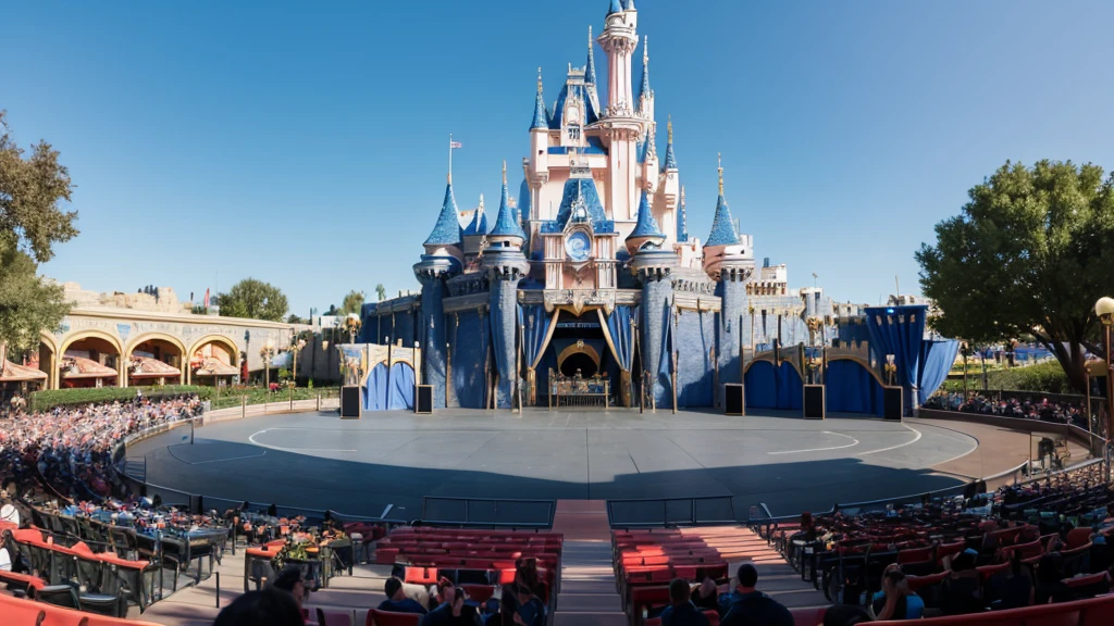 An empty Disneyland-style outdoor stage during the day