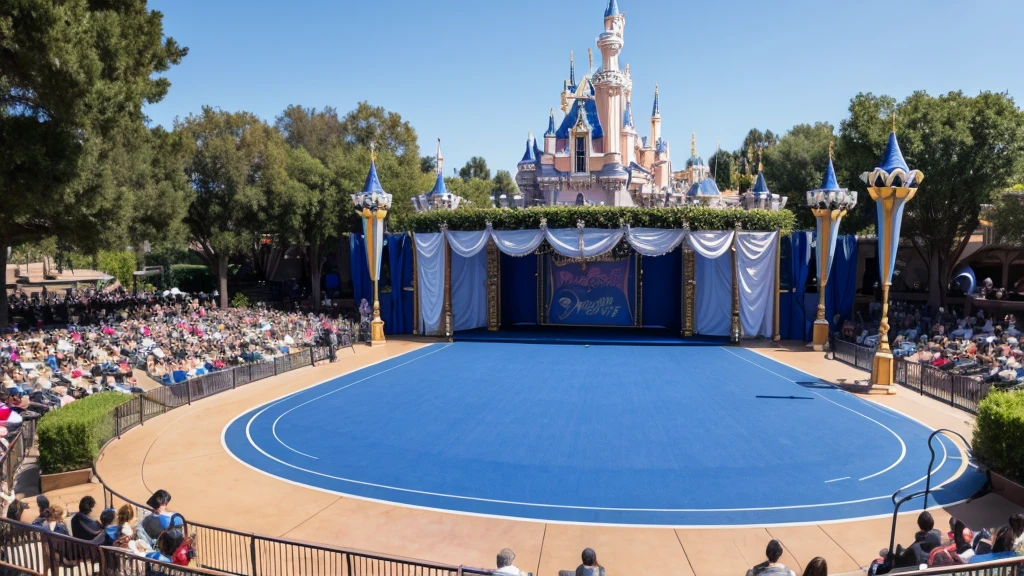 An empty Disneyland-style outdoor stage during the day