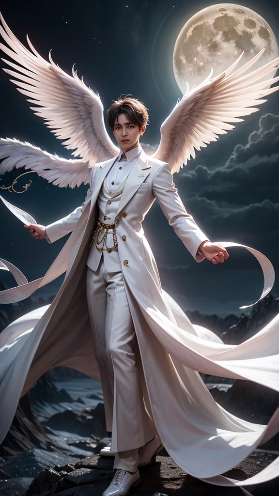 a male 35 year old angel, white coat, with thousands massive wings, with a full moon in the background, divine art, his size is bigger than mountain, stand between two mountains, ultra definition, best quality, 32k ultra, ultra HD.