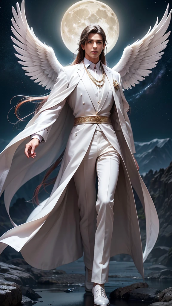 a male 35 year old angel, white coat, with thousands massive wings, with a full moon in the background, divine art, his size is bigger than mountain, stand between two mountains, ultra definition, best quality, 32k ultra, ultra HD.