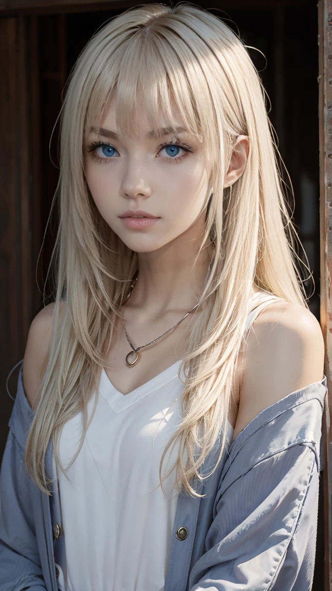 22 year old white female、Hair color is a gradation of blonde and purple、blue eyes、long hair、straight hair、setting hair、accessories on wrist、I'm wearing a massive metal collar、skin is smooth、smile、Slender but muscular body、My heart is pounding、My abs are cracked、I can see my bellybutton、wears armor made of leather、His hand is placed on the pommel of the sword hanging on his waist.、I have iron armor on my hands、forest pathway、Medieval European townscape
