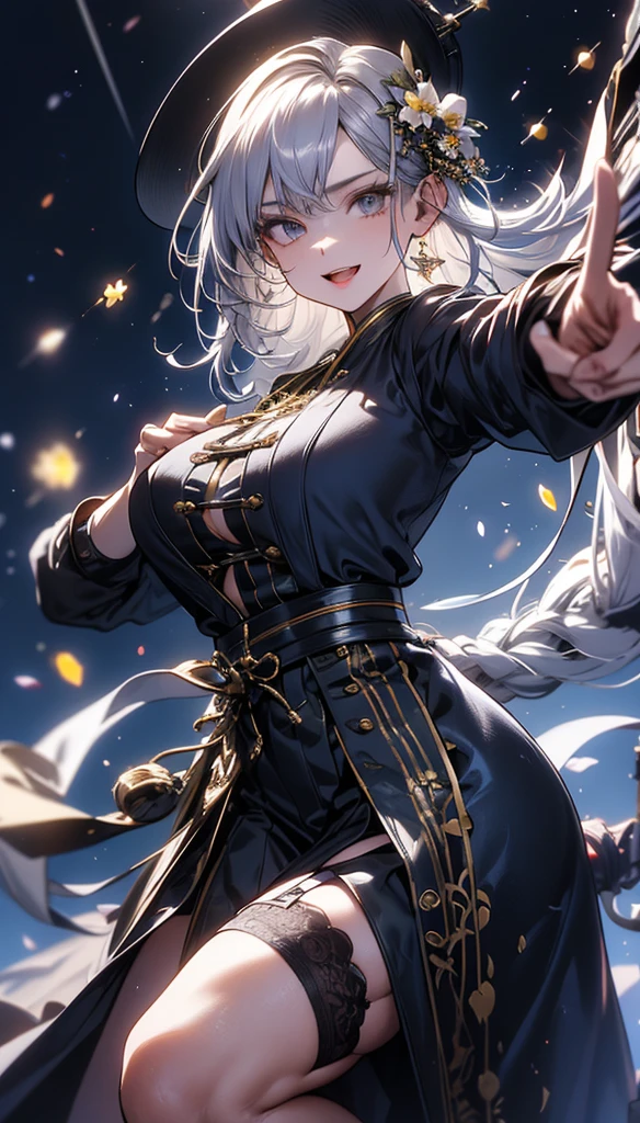 masterpiece, high quality, 4K, Beautiful design, silhouette,Silver Hair, 非常に詳細な夜のStarry Sky,Flower Field, wonderful, Finer details, Very knowledgeable woman,Devil Highly detailed solo, 1 female,Big Breasts,camisole,mini skirt,garter belt,Night view,Starry Sky,full moon,