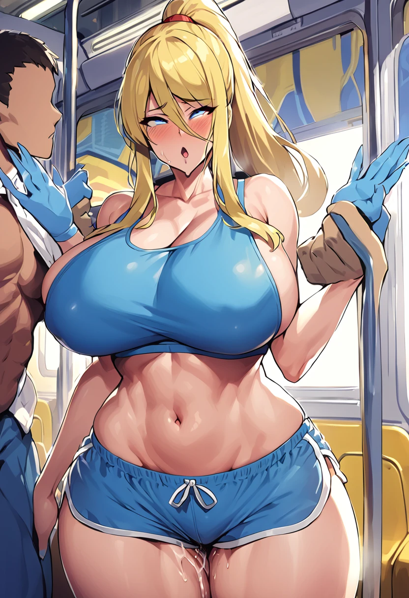 masterpiece, Highest quality, 1 person,( Large Breasts,Are standing, View your viewers,),Detailed Background、A person who writes in detail、Accurate human body、Knowledgeable person、Accurate 5 fingers,Mature Woman,Thighsが太い,Curvy Body,Cyclone \(Just once\),Thighs、alone,((All Samus, Blonde, Blue crop top, Blue Dolphin Shorts, Exposing shoulders, abdomen,)),((Absolute area)),Method TranT, (train interior), netorare, chikan, grabbing, hetero, pussy juices, molestation, public indecency, public use, fingering, 2 faceless male, assisted exposure,ahegao