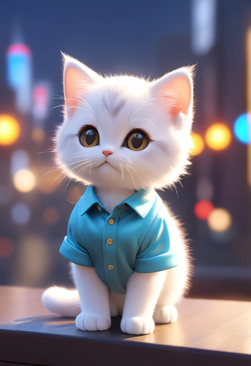Cute kitten,Hairy,Wearing a shirt, blurred city background, 3D Rendering, Bright light, Vibrant colors,whole body,Are standing、Watching the audience