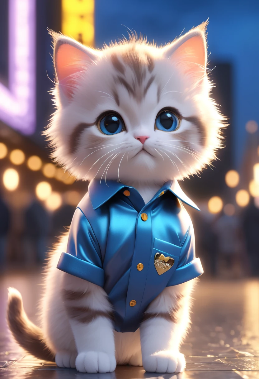 Cute kitten，Hairy，Wearing a shirt, blurred city background, 3D Rendering, Bright light, Vibrant colors,whole body，Are standing、Watching the audience