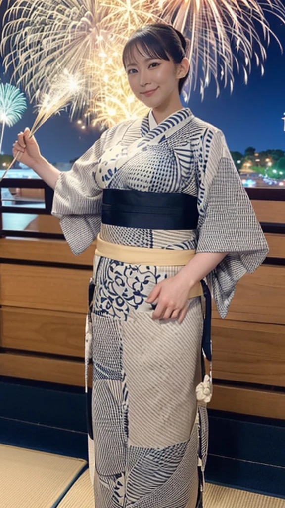 masterpiece, high quality, detailed, beautiful, Japanese festival, in the Japanese festival, with fireworks, at night, full body shot, wide shot, from front, standing, looking at viewer, short hair, voluptuous, curvy, (yukata polka dot), undone clothing, (gigantic breasts),