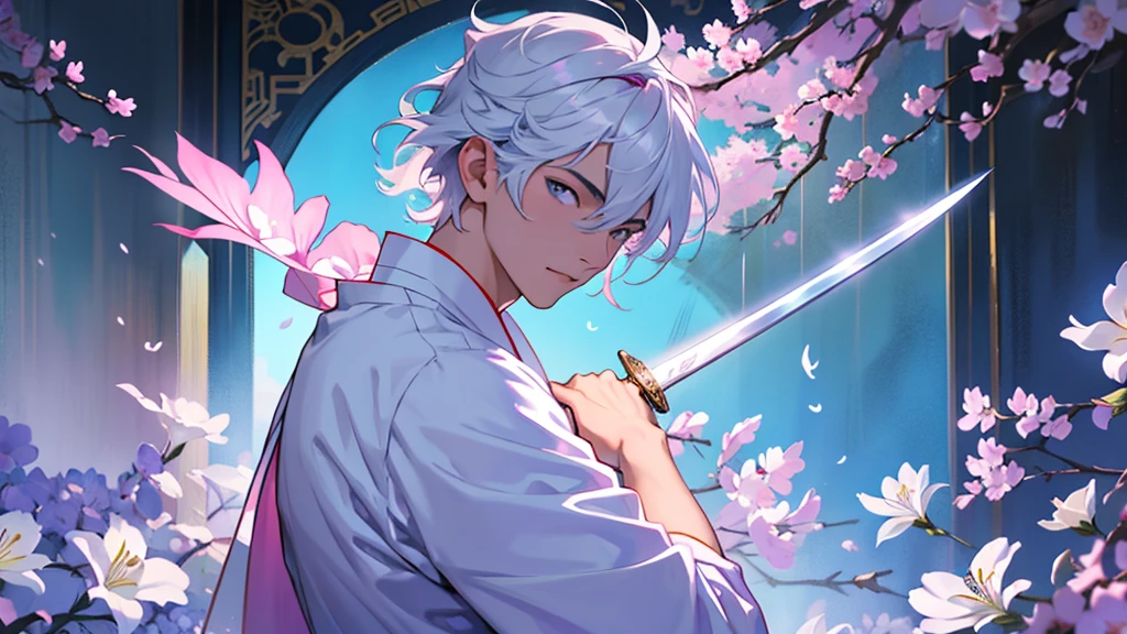 A Chinese boy who has a white hair and holding a sword wearing a white kimono with long long sleeps his kimono has a Persian painting patron and it's shiny behind him is a wall it's like a rock wall half top of the painting is surrounded by white pink purple and light blue flowers like Lily of the Valley and violets and the bottom of the painting there is so many gemstones who are pink purple and light blue the boy has a hair accessory that has a diamond shape gemstone stone that is deep red the boy hold the sword with both hand in the front of him and his pose is kind of like 3.4 of his face showing to us