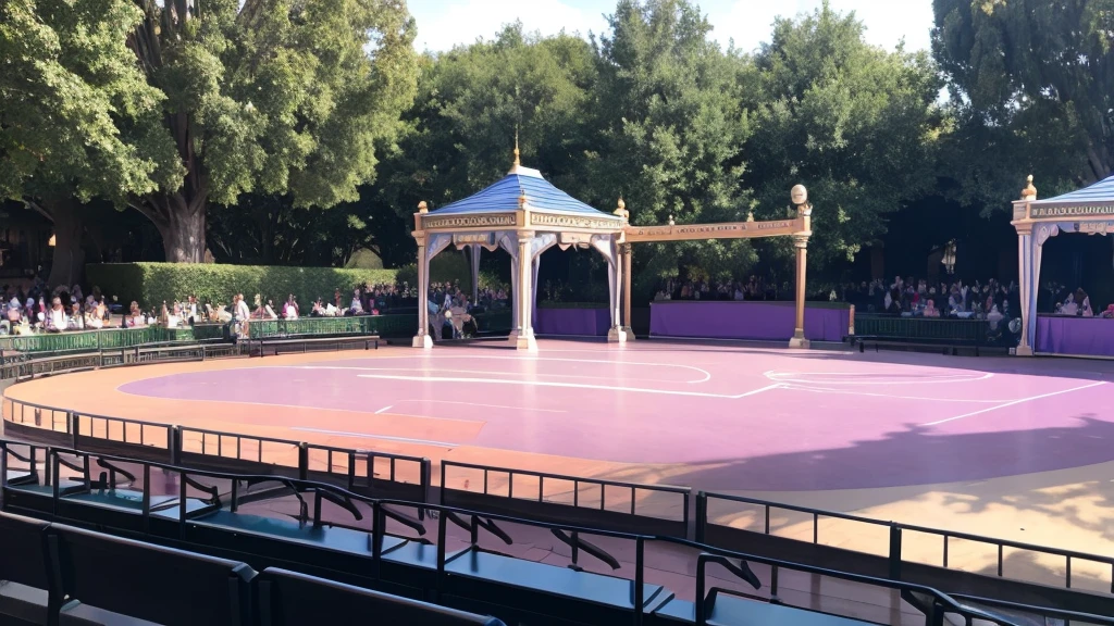 An empty Disneyland-style outdoor dance stage during the day
