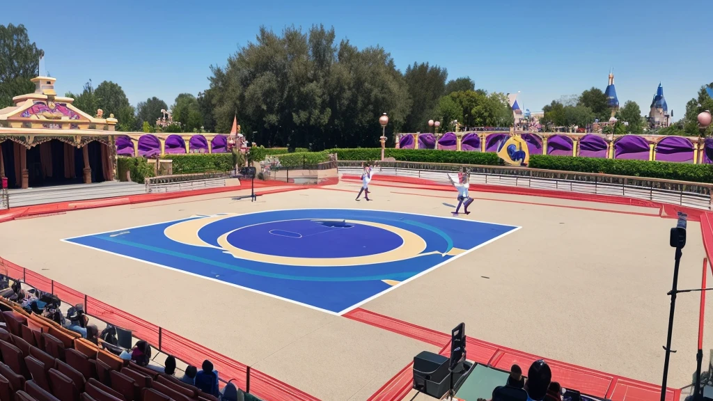 An empty Disneyland-style outdoor dance stage during the day