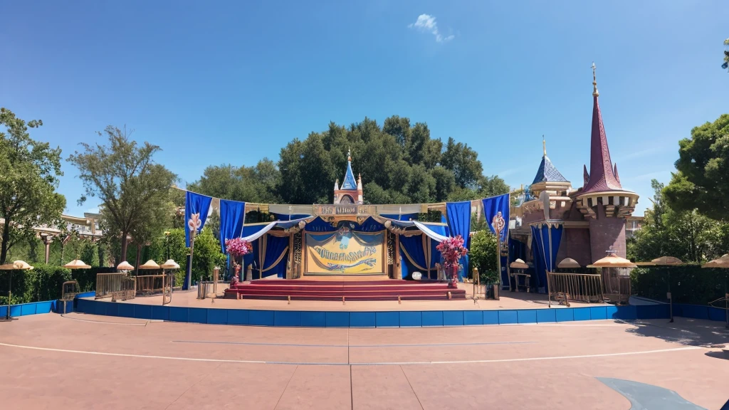 An empty Disneyland-style outdoor dance stage during the day