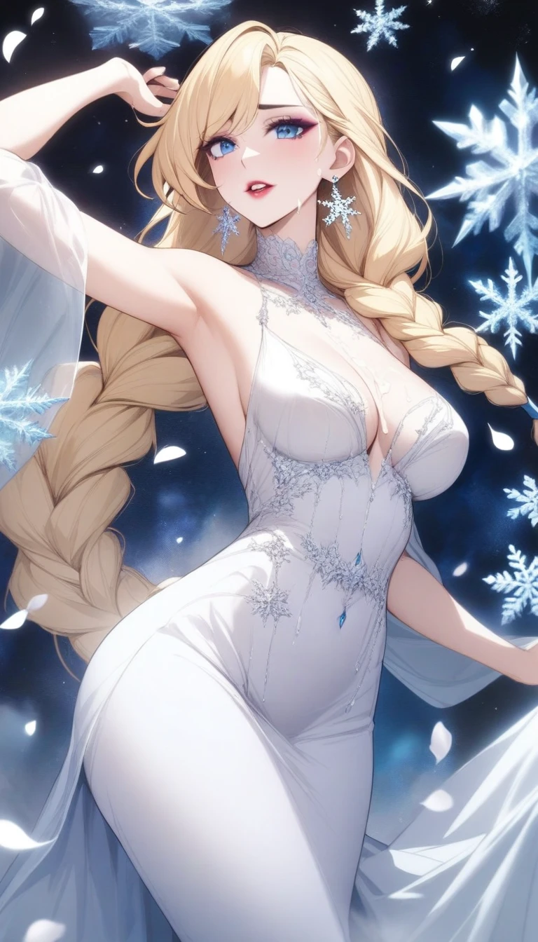 masterpiece, best quality, very aesthetic, absurdres, 1girl, mature_lady,white_dress,(cum_on_body:1.2),,elsa_(frozen), frozen_(disney), 1girl, blonde_hair, blue_eyes, braid, medium_breasts, single_braid, earrings, snowflake_earrings, eyeshadow, makeup, long_hair, very_long_hair,,in space,surrounding by flowers,falling_petals, petals,,