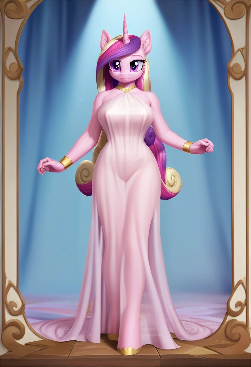 score_9, score_8_up, score_7_up, score_6_up, score_5_up, score_4_up, by aki99, source_pony, rating_questionable, masterpiece, countershading, detailed soft lighting BREAK
anthro pony princess cadance wearing a pink see through dress, long hair, joyful, oiled, shiny, large breasts, full body, ear fluff, fashion show background