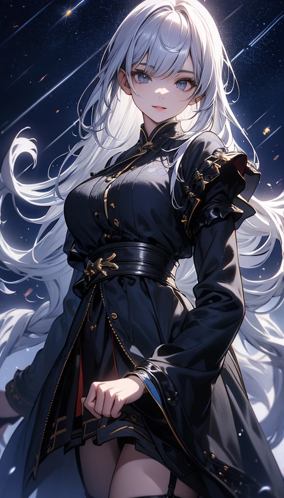 masterpiece, high quality, 4K, Beautiful design, silhouette,Silver Hair, 非常に詳細な夜のStarry Sky,Flower Field, wonderful, Finer details, Very knowledgeable woman,Devil Highly detailed solo, 1 female,Big Breasts,camisole,mini skirt,garter belt,Night view,Starry Sky,full moon,
