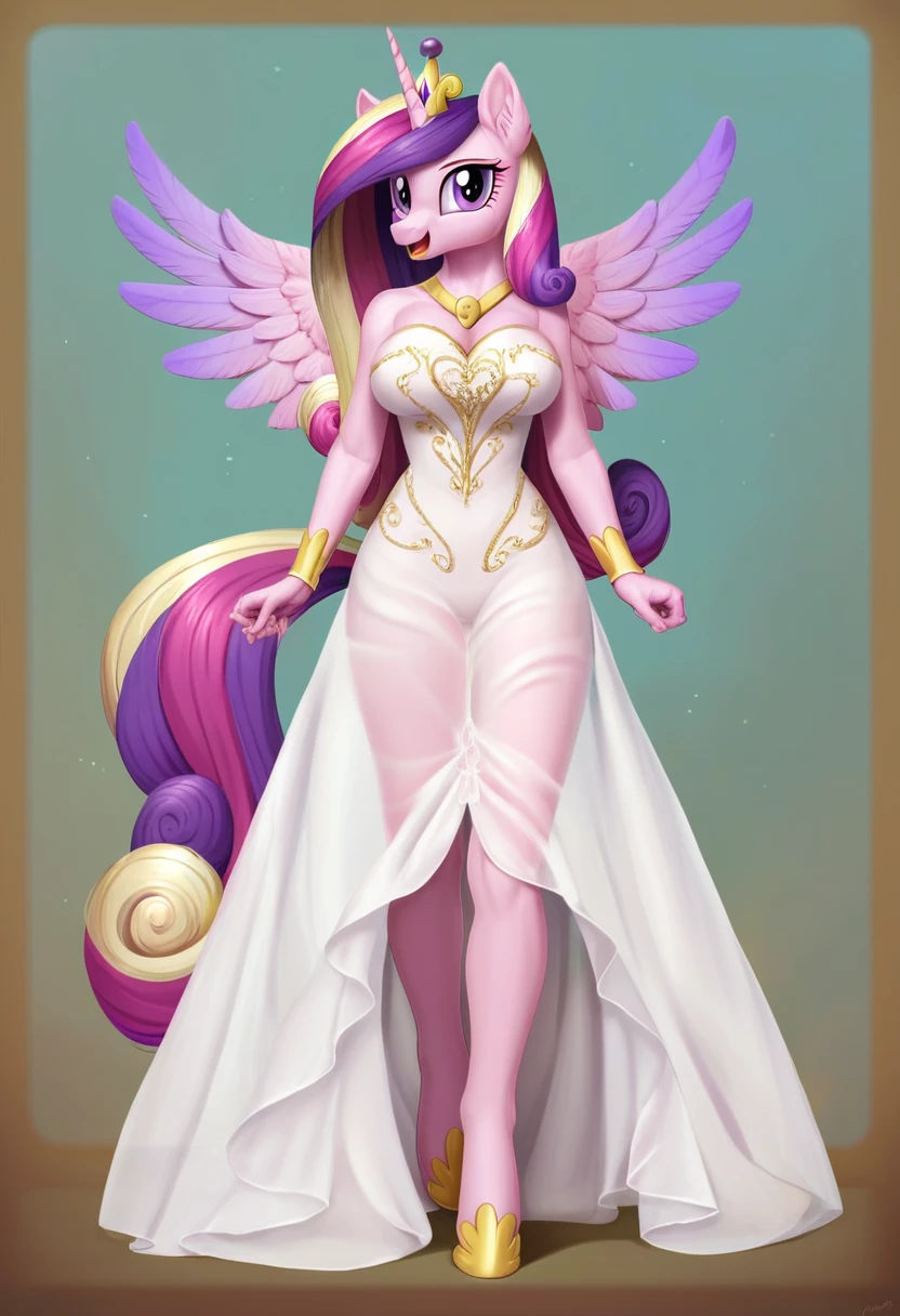 score_9, score_8_up, score_7_up, score_6_up, score_5_up, score_4_up,  by aki99, source_pony, rating_questionable, masterpiece, countershading, detailed soft lighting BREAK
anthro pony princess cadance wearing a pink see through dress, long hair, joyful, oiled, shiny, large breasts, full body, ear fluff, fashion show background 