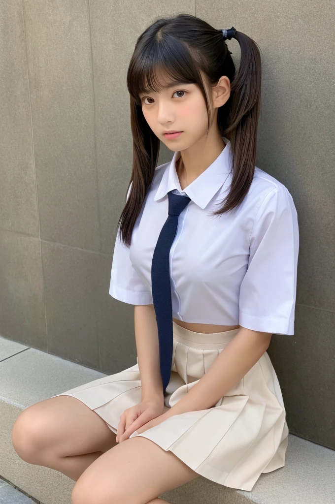 ((highest quality, masterpiece :1.3)), Photorealistic、Ultra-high resolution、Natural skin texture、Hyperrealism、Photograph from the knee up、15 year old Japanese beautiful girl、Twin tail hair、well-shaped breasts、White collared shirt and tie、mini skirt、Painful expression