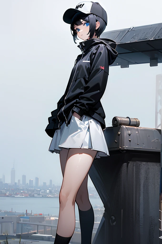 (((masterpiece, figure, Highest quality))), One girl, alone, blue eyes, ((Highly detailed eyes)), View, ((short hair)), ((Black Hair)), Are standing, ((Baseball cap)), White Hat, Black jacket, (Closed Sweater), ((landscape:White Background)), Black socks, ((Black Shirt)), Perfect body, Upper Body Shot, (Mouth closed), , ((Put your hands in your pockets)), Waterproof jacket, White Skirt, Hooded jacket, 