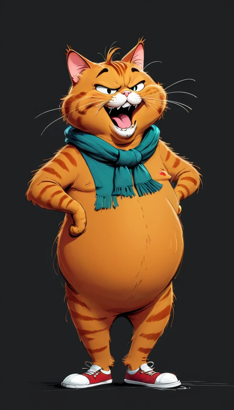 (((Exaggerated digital character sketches:1.37)).(1 Fat Garfield Cat，(Exaggerated expression,)，(Black sketch lines，Loose brushstrokes create the outline，Cartoon Style. Bright colors and simplified lines, sketch)。(Exaggerated body movements),(Large area of blank）