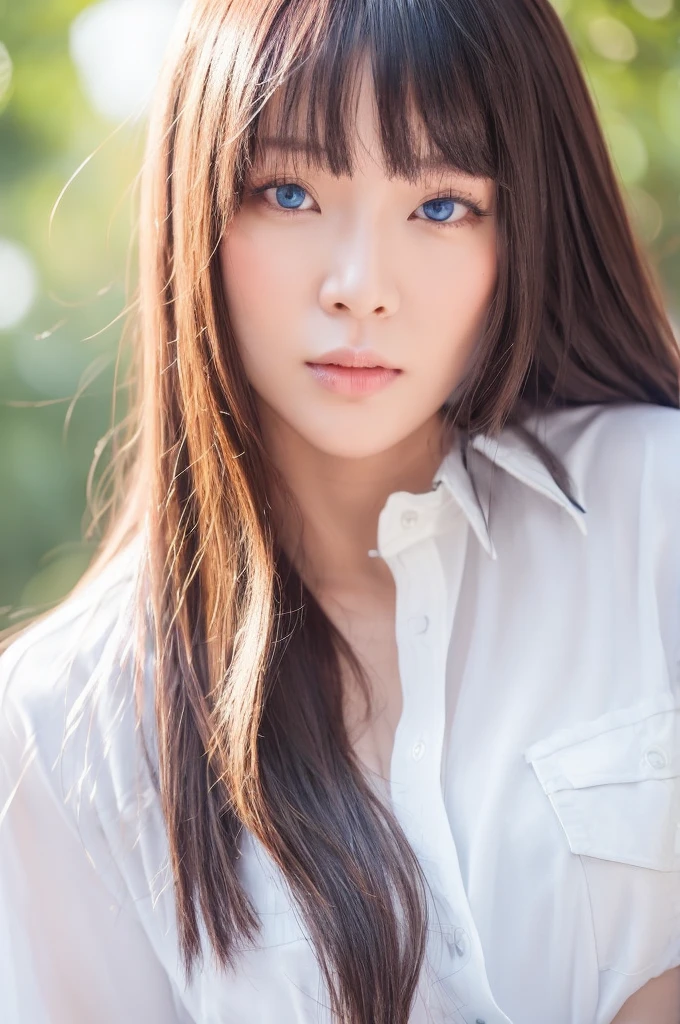 30-year-old woman,Long face,albino,Asian,Long Hair,Long Bangs,Blue Eyes,White Shirt,Leather pants