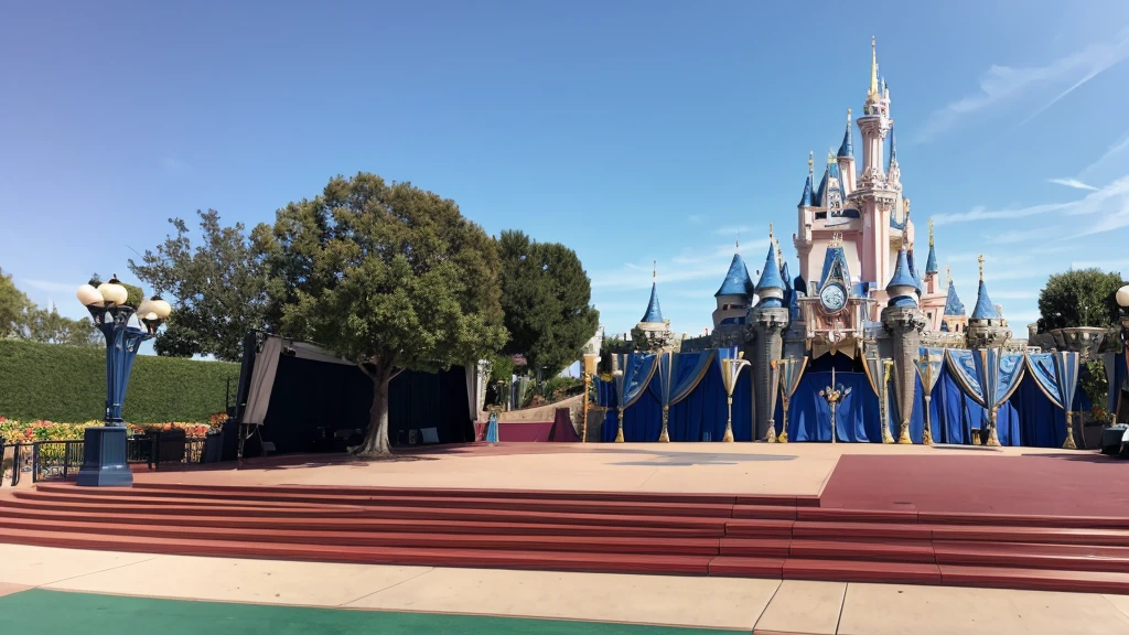 An empty Disneyland-style outdoor show stage during the day