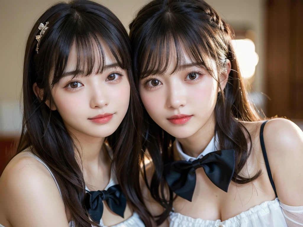 Two beautiful girls,Cheek to cheek，Embrace each other,(8k, RAW Photos, Highest quality, masterpiece:1.2), Super detailed, Ultra-high resolution, (Realistic, photo Realistic:1.37), High-definition RAW color photos, Professional photos, Depth of written boundary, Detailed lips、Beautiful, shining lips, Detailed face、Very delicate and beautiful, Very detailed, In detail, Large file size, Very detailed skin, Very detailed clothing, Two Girls, (18-year-old:1.2), Ten generations, Cute girl, Famous Japanese Idols, Black Hair,耳前にLong Hair, (Long Hair:1.2), (Wavy Hair:1.2), (Blunt bangs:1.2), young, Cute face, Baby Face, Realistic face, Beautiful and detailed eyes, Droopy eyes, Big black eyes, Beautiful and clear eyes,Scattered beneath the surface,(blush:0.5), Detailed skin texture, (race:1.2), (Black bow tie:1.1), (Hair Ribbon:1.2), Facing forward, Highest quality,masterpiece:1.3,Ultra-high resolution),(Very detailed,Caustics,8k),(Realistic:1.4,RAW shooting),I'm looking at the camera with a smile on my face,Collarbone Bare Skin,Shoulder Bare Skin,(Face Focus:1.1),(Face close-up:1.1),Retro Cafe