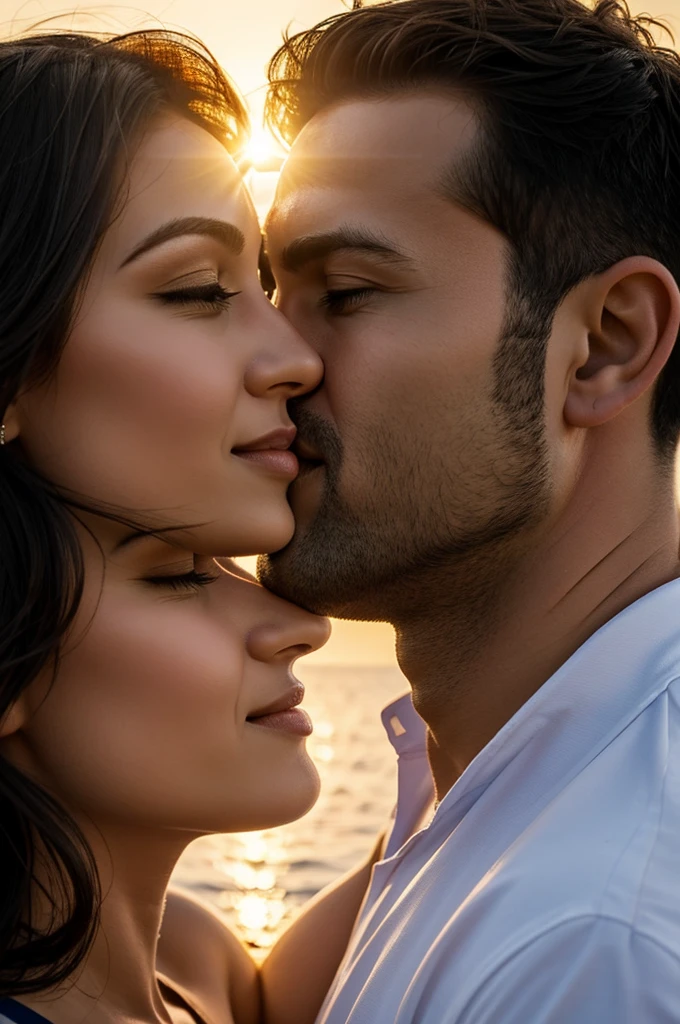 2 people love each other, a man and a woman kiss each other against the backdrop of the sea, sunset close up