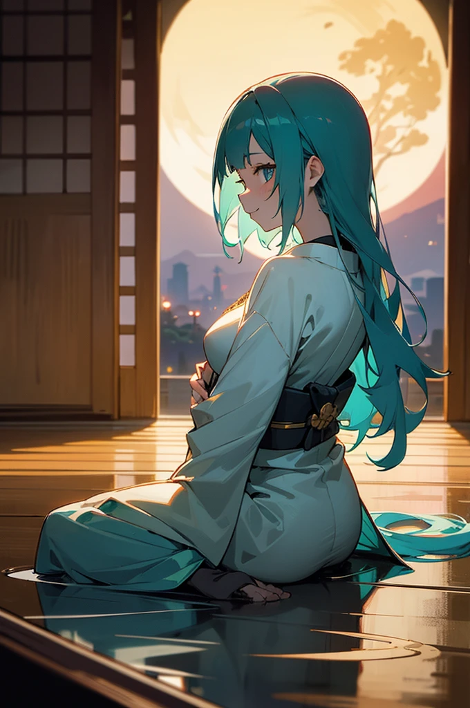 masterpiece, best quality, ultra detailed, outside, river, a girl, samurai, a kitty, happy, smiling, sitting on the floor, looking away, bob, curly, aqua hair, odd eyes, droopy eyes, pale skin, , beautiful breasts, kimono, with a full moon, in the evening, nostalgic atmosphere, cel anime, full body shot, on right, from behind, golden ratio, golden hour, directional light, in focus with blurred background, Dark_Indigo