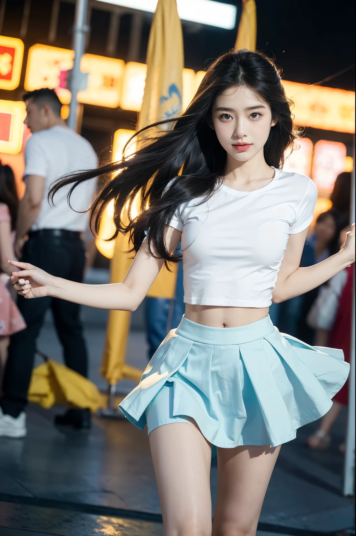 (((best quality))), (((ultra detailed))), (((masterpiece))), illustration,((a beautiful girl,solo)),((slim,thin)),((small breasts,flat chest,claviclis,navel)),(white T-shirt with short blue sleeves:1.5),(blue mini-skirt:1.3),(slender legs:1.2),dancing,((on a stage,outside a shopping mall, at the entrance of a beer promotional event,on the street)), ((surrounded by crowded crowds)),((her hair and the edges of her skirt fluttering in the air)), the girl's attire reflecting the vibrant spirit of summer, a sense of youthful charm and confidence exuding from her, her hair flows freely in the wind, the fluttering skirt accentuating her graceful movements, her expressive eyes and infectious smile drawing people closer, the stage adorned with colorful decorations, the vibrant atmosphere enhanced by the enthusiasm of the crowd, onlookers of various ages captivated by her performance, clapping, cheering, and taking photos, the girl's graceful dance transforming the ordinary streets into a vibrant and lively venue, her energy and charisma captivating the audience, the scene encapsulating the spirit of summer and the beauty of artistic expression,(night scene:1.3),(from front:1.3)