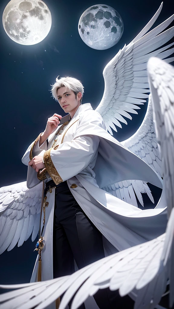 a male 35 year old angel, white coat, with thousands massive wings, with a full moon in the background, divine art, his size is bigger than mountain, stand between two mountains, ultra definition, best quality, 32k ultra, ultra HD.