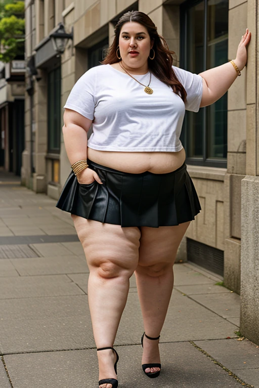 masterpiece, best quality, live action photo, 140kg extremely obese woman, large stomach, H-type miniskirt, high heel, necklace, earring, bracelet