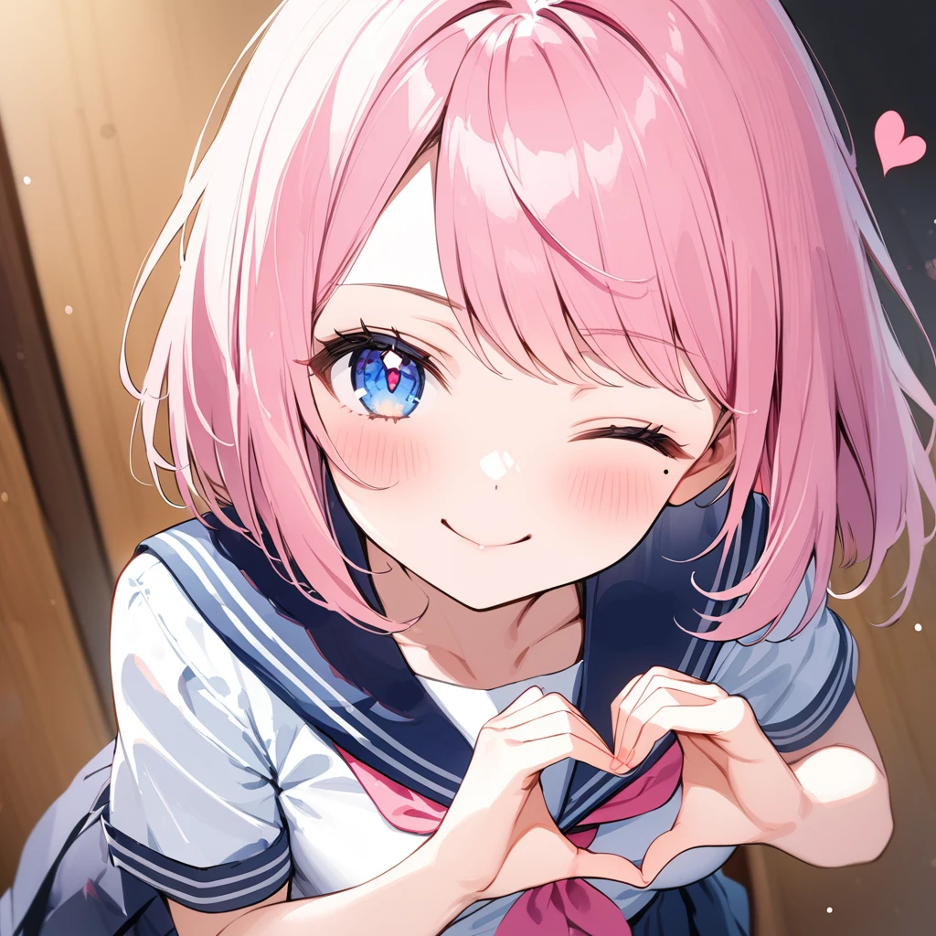 (1 girl),((watercolor)),(Masterpiece:1.3),(high school student:1.5), ((pink lob hair:1.1)), (bob cut),(swept bangs),BREAK, (cute eyes, pupil black, iris skyblue, youthful face), (mole under right eye), (standard weight), (small breasts),(big hip), (glistening skin:1.1),(pale skin:1.2),BREAK, ((serafuku, white sailor short sleeve simple shirt, darkblue skirt, darkblue sailor collar, pink ribbon)),BREAK,(heart hands),(wink, one eye closed),(from above),(portrait),(happy).