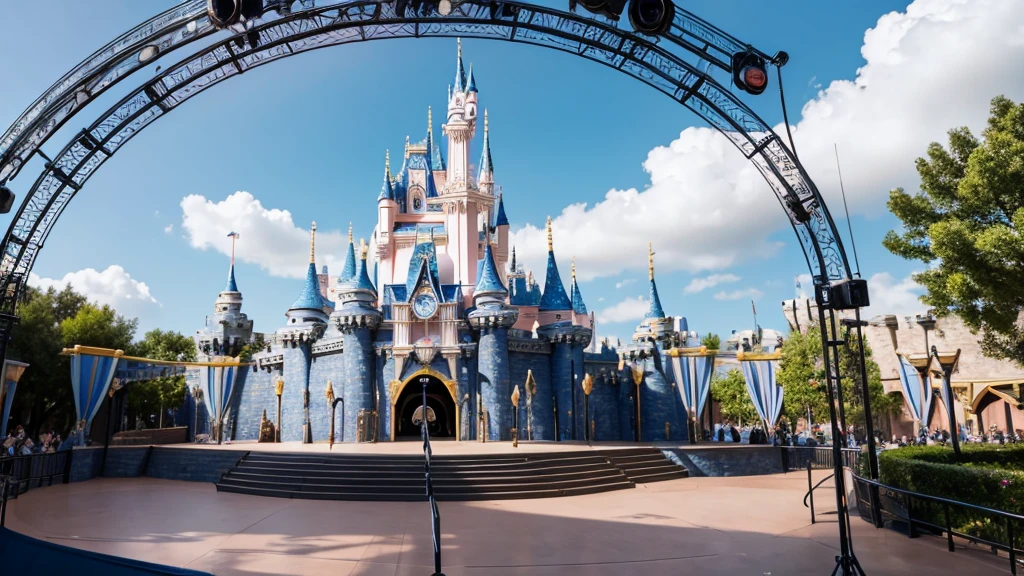 An empty Disneyland-style outdoor stage during the day