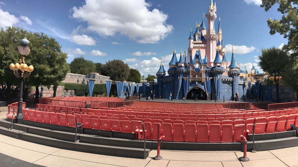 An empty Disneyland-style outdoor stage during the day