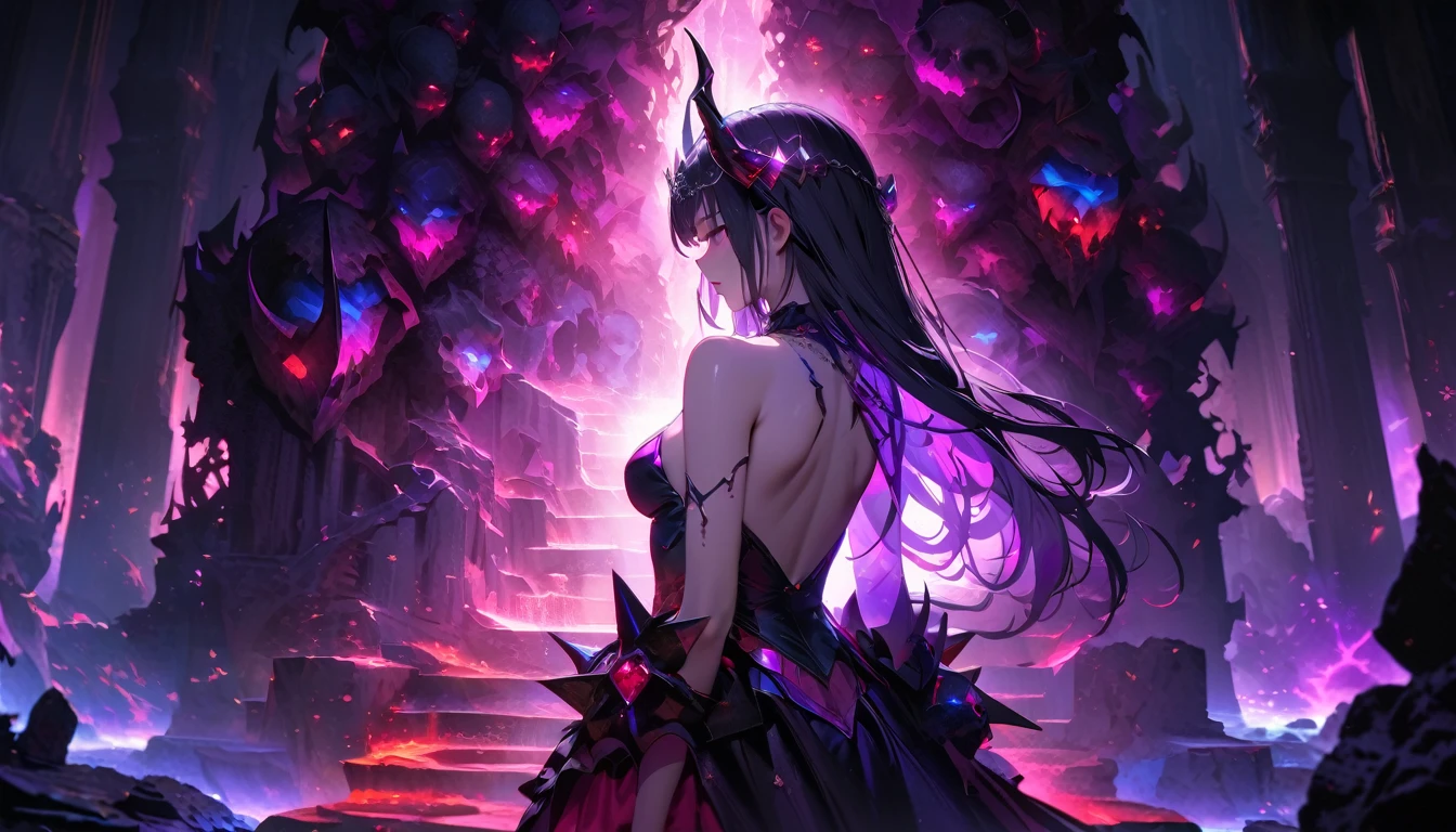 masterpiece, Best quality, 1 girl,photo, Studio photography, from the waist up, upper body, Shoulders back, long hair covers shoulders, headband with black roses and veil, tiara of bloodstones and rubies with black metal, pale-skinned woman with a seductive expression, iridescent skin, Succubus, Twisted Horns, on a throne of stone spikes in the underworld, underworld, afterlife, Surrounded by demons, dark atmosphere, purple lighting, light rays, skull, iridescent scepter, the evening Mediterranean light casts a warm glow on her porcelain skin., High-resolution image, digital painting, Spiritual peace, golden ratio composition, cowboy shot, brilliant, brilliant hair, (night:1.2),Dreamy, [[gentle fingers and hands:0.55]::0.85],(detailed fingers),),(emotional),(breathtaking),(main part:1.2) whole body.), (Anime Style), (Super Detailed), (brutal), (uhd, HDR), (8k), (High Resolution: 1.2), (Complex and Beautiful: 1.2)