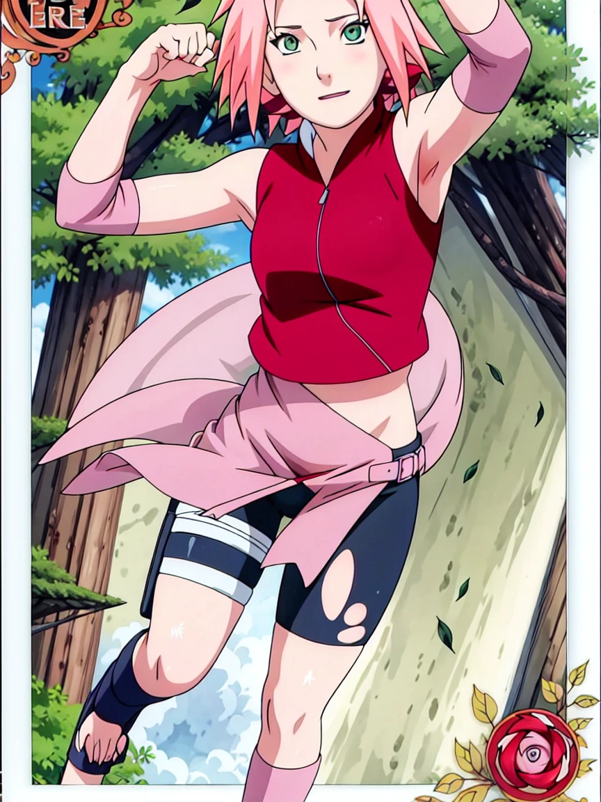 Sakura Haruno nude,wide hips,abdomen,sexy ,Show your armpits,jump,On the tree,IPST, naked,Torn shirt,blushing,sexually aroused, In the forest,open shirt,nipple,pink nipples,full body