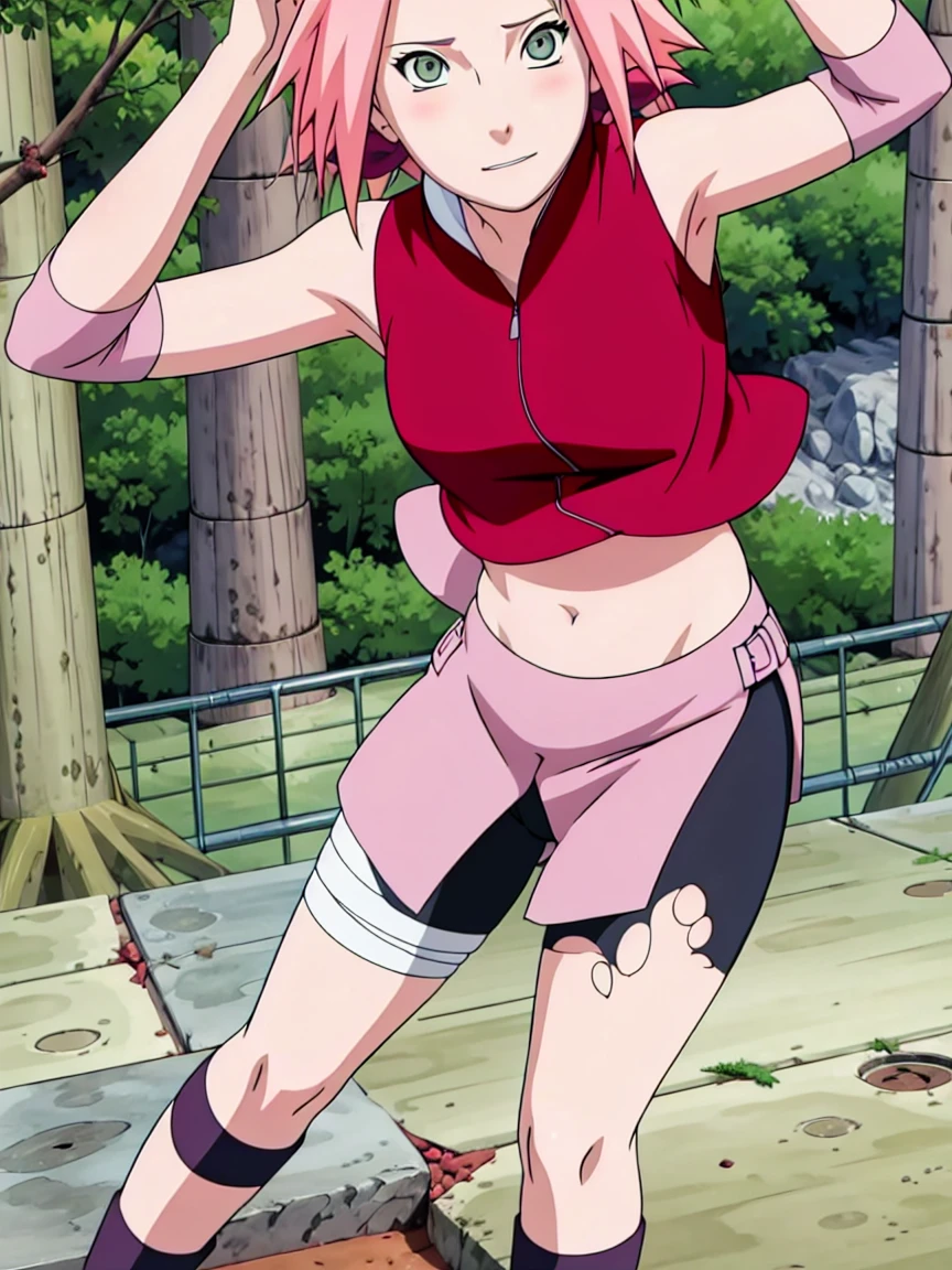 Sakura Haruno nude,wide hips,abdomen,sexy ,Show your armpits,jump,On the tree,IPST, naked,Torn shirt,blushing,sexually aroused, In the forest,open shirt,nipple,pink nipples,full body