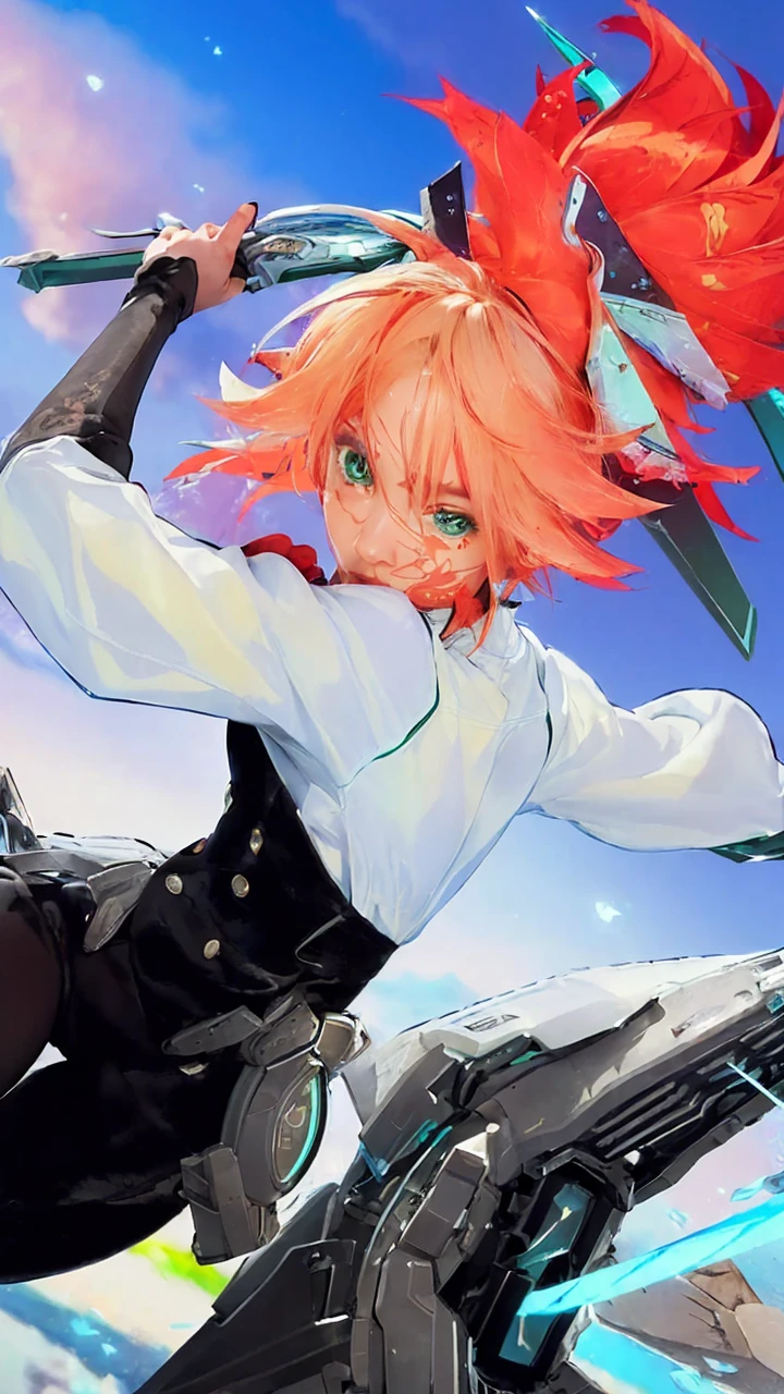 (masterpiece:1.2), (photorealistic:1.2), (best quality),((realistic:1.3)), (detailed skin:1.3), (intricate details), Half body shot in a dynamic, action pose. Cool, beautiful, youthful and sexy 20 year old woman wearing an army green bomber jacket holding a katana high, her head tilted slightly upwards, hair is graying white in a bob cut, midrib exposed. Cinematic composition. Jacket with cool embroidery from western pop culture.