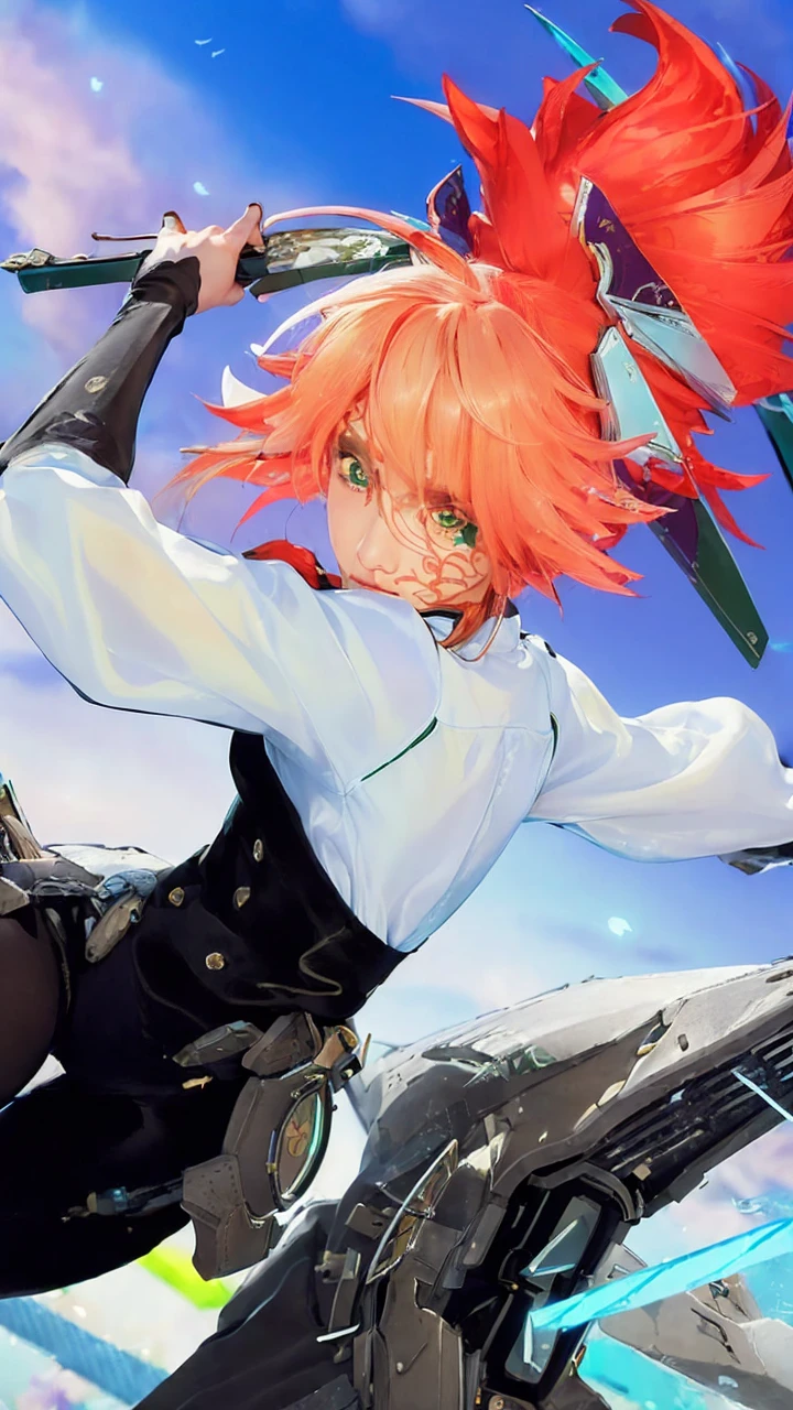 (masterpiece:1.2), (photorealistic:1.2), (best quality),((realistic:1.3)), (detailed skin:1.3), (intricate details), Half body shot in a dynamic, action pose. Cool, beautiful, youthful and sexy 20 year old woman wearing an army green bomber jacket holding a katana high, her head tilted slightly upwards, hair is graying white in a bob cut, midrib exposed. Cinematic composition. Jacket with cool embroidery from western pop culture.