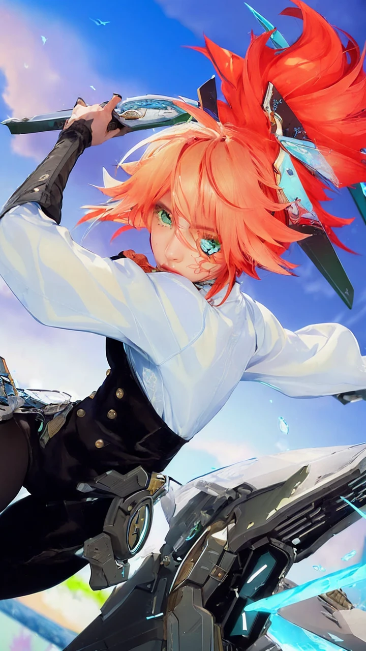 (masterpiece:1.2), (photorealistic:1.2), (best quality),((realistic:1.3)), (detailed skin:1.3), (intricate details), Half body shot in a dynamic, action pose. Cool, beautiful, youthful and sexy 20 year old woman wearing an army green bomber jacket holding a katana high, her head tilted slightly upwards, hair is graying white in a bob cut, midrib exposed. Cinematic composition. Jacket with cool embroidery from western pop culture.