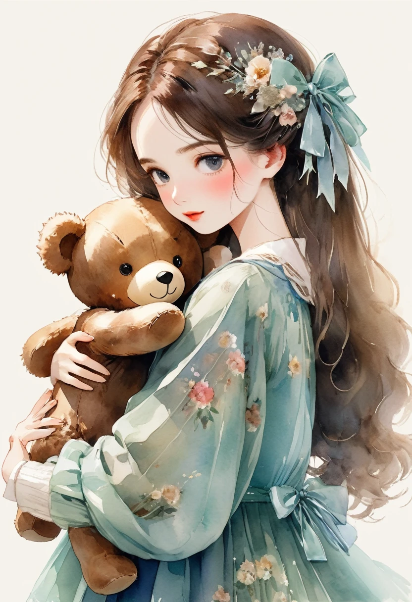 ((antique:1.5)),((hugging a teddy bear)),(Teddy bear),Beautiful and cute woman,1 Female,Solo,Sharp features,Sophisticated,((Watercolor:1.5)),whole body,超High resolution,((Attention to detail:1.5)),high quality,High resolution,最high quality,(vintage:1.4),(Cute pose:1.3),Dull color,So adorable,model like,Fluffy atmosphere,(Accurate body),((antiqueな服:1.5)),(Super Detail),Fashionable hairstyle,