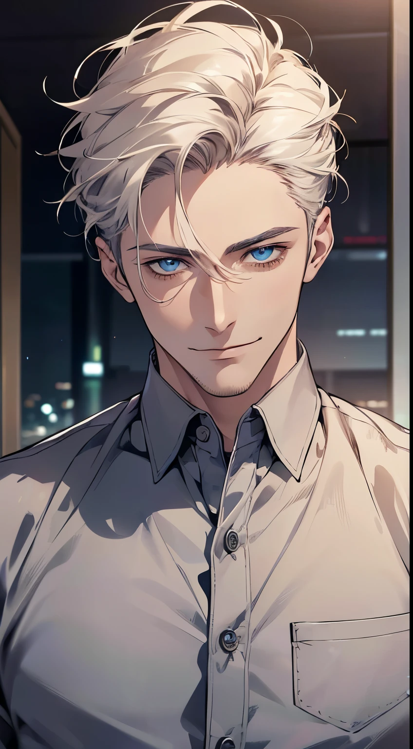 (best quality, masterpiece, 8K, photorealistic, cinematic lighting, hdr image, ultra detailed, beautiful image), 1 man, 31 years old, mature man, very handsome, (without expression, smile), short white hair, blue eyes ( penetrating gaze), perfect face without errors, imposing posture, without errors, businessman, office background