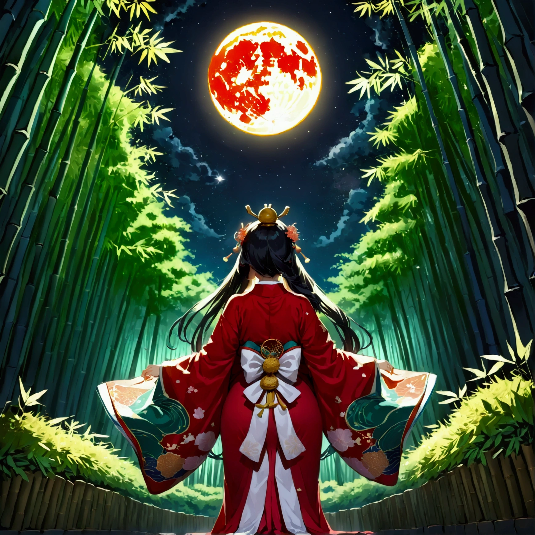 The World of Kaguyahime, (looking up at the full moon in a bamboo grove:1.3), hinamatsuri ohinasama, (heian red:1.1) japanese clothes, wide sleeves, red (karaginumo:1.1), layered kimono, 1girl solo, beautiful detailed hair, black hair (hime cut:1.2) very long hair spread out, (masterpiece:1.2), best quality, high quality, ultra high res, hyper detailed, absurdres, absolutely resolution, detailed details, (ultra wide angle:1.3), moonlight, starry sky, (bamboo thicket:1.1), (back view, standing), beautifully, aesthetic, silhouette art,