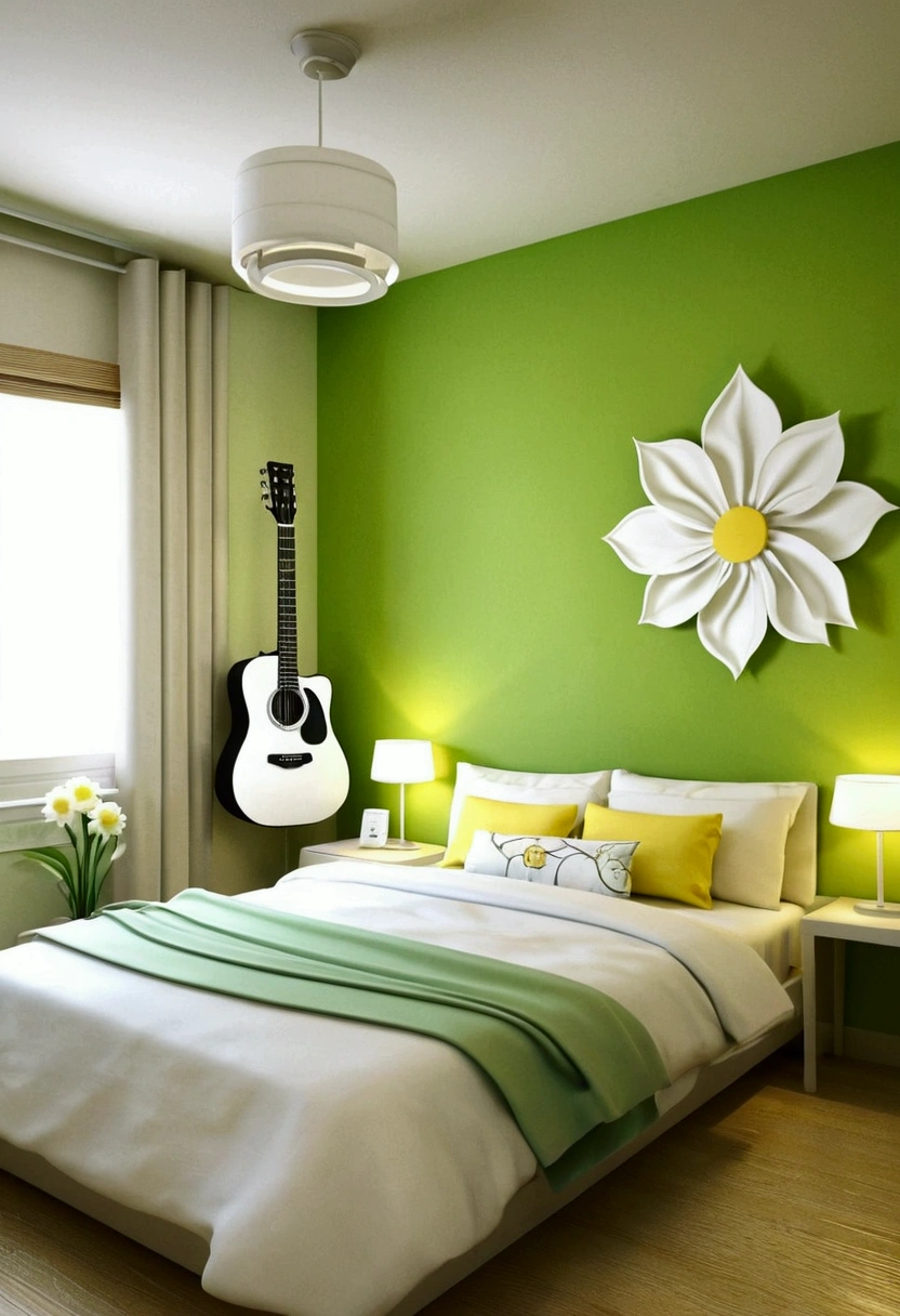 Modern Room,部屋 bedルーム,bed,Simple style, computer, White flower, guitar (The main colors are green and yellow)