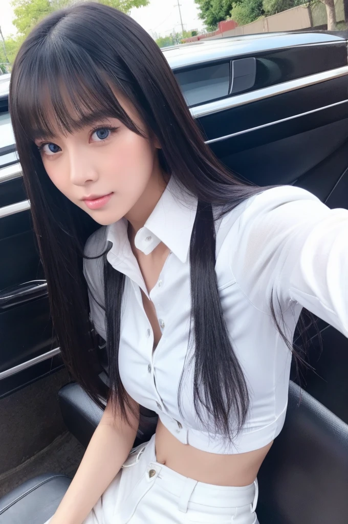 30-year-old woman,Long face,Black Hair,Asian,Long Hair,Long Bangs,Blue Eyes,White Shirt,Leather pants,Selfie