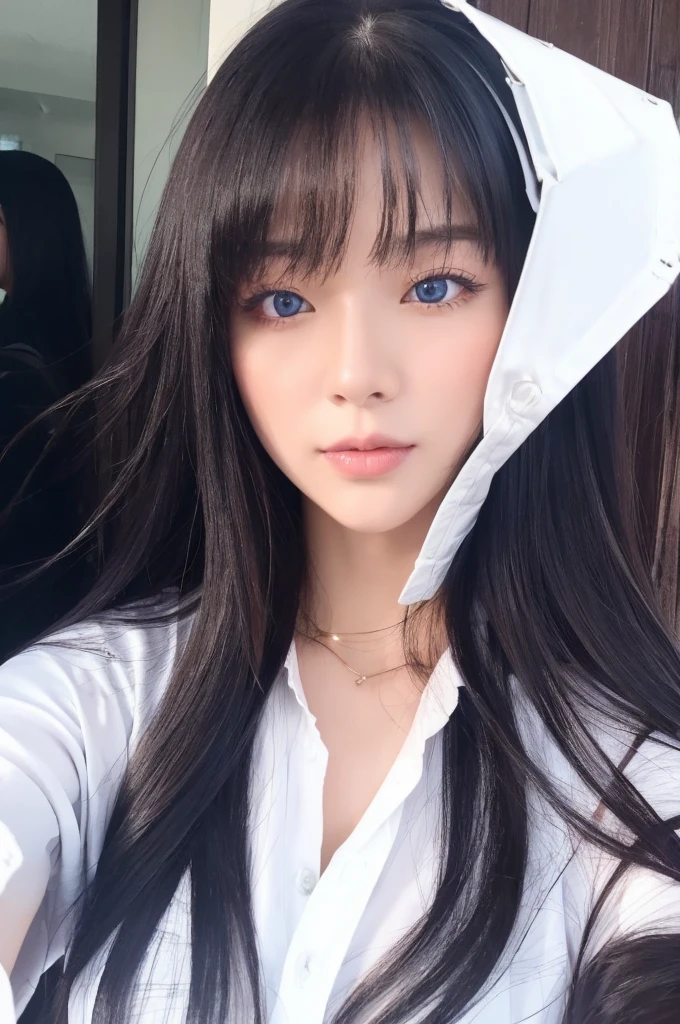 30-year-old woman,Long face,Black Hair,Asian,Long Hair,Long Bangs,Blue Eyes,White Shirt,Leather pants,Selfie